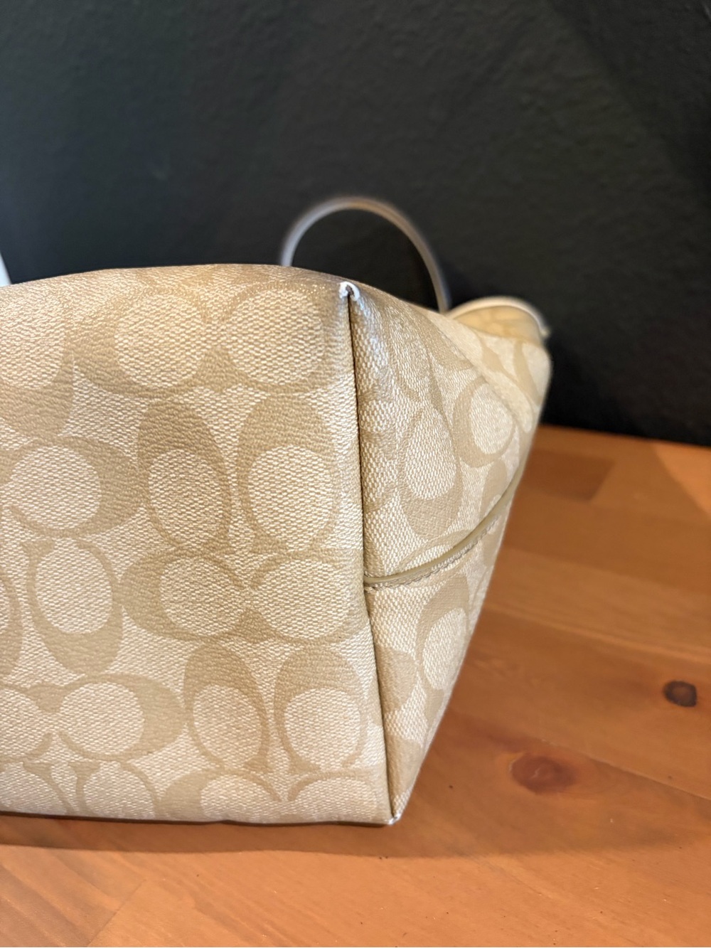 Coach Tan Signature Canvas Tote with Cream Trim khaki tote bag authentic USED - Picture 12 of 15